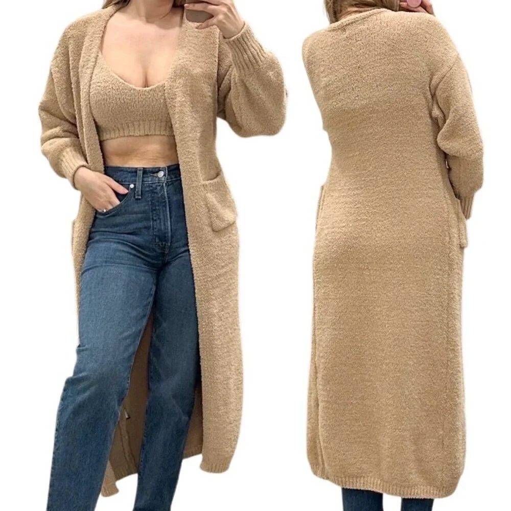 RESA Teddy Cozy Lounge Set Bralette Crop Top and Cardigan Robe in Taupe Tan Sz S